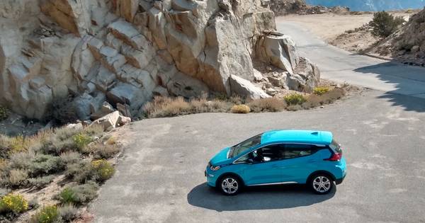 2020 Oasis Blue Chevy Bolt LT at Little Cottonwood Creek trailhead in the Inyo National Forest.