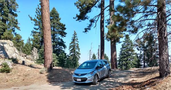 Our Bolt EV on the summit of Breckenridge Mountain in the Sequoia National Forest after five miles on an unimproved Forest Service road.