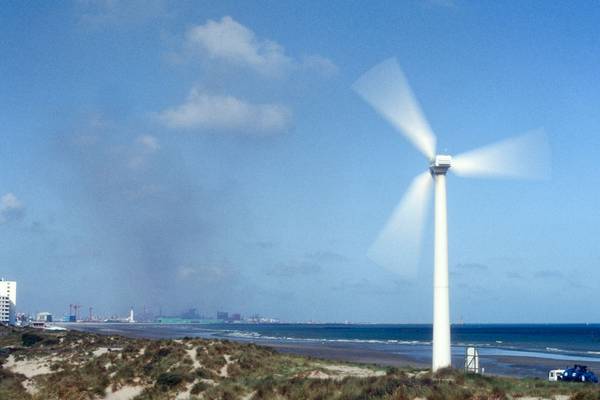 Espace Eolien Developpement Windmaster 25-meter turbine on the digue at Dunkerque, France in the early 1990s.