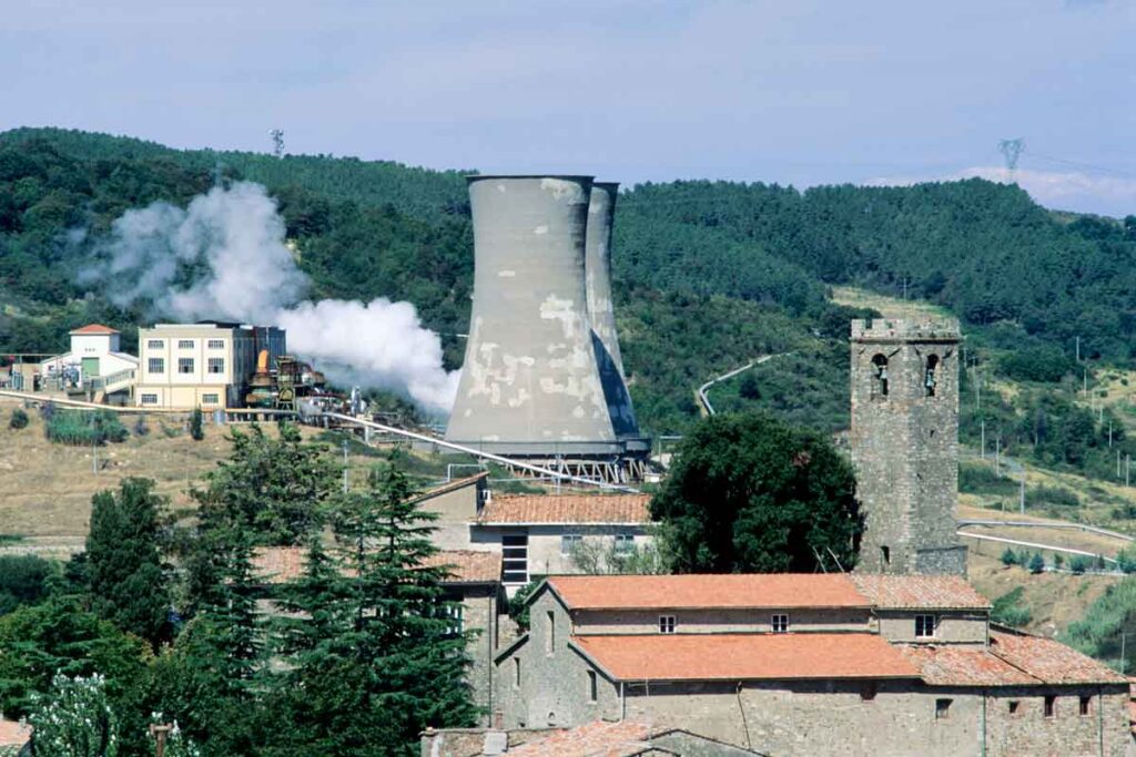 Geothermal cooling towers in the Colline Metallifere near Larderllo, Italy.