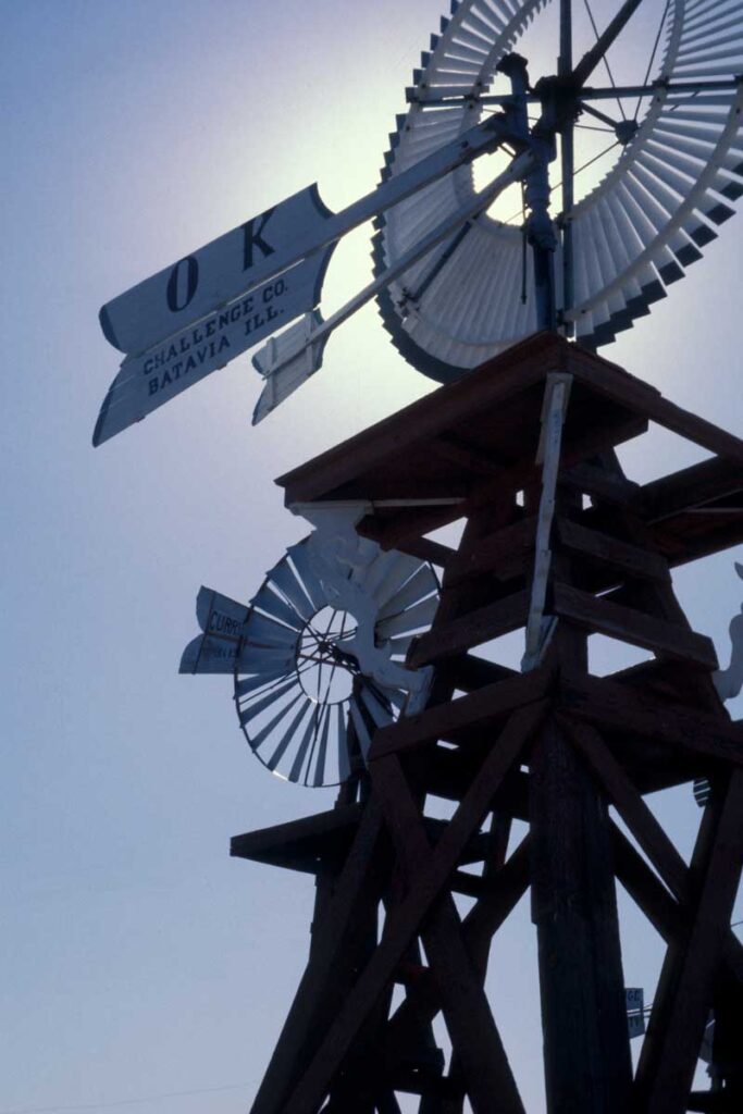 Historic farm windmills at Texas Tech's open air museum in Lubbock, Texas