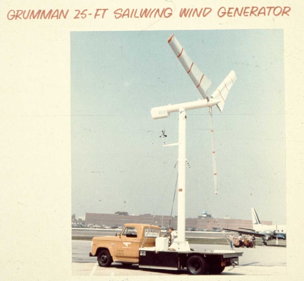 Grumman Sailwing wind turbine. Photographer unknown. Souce Vaughn Nelson.