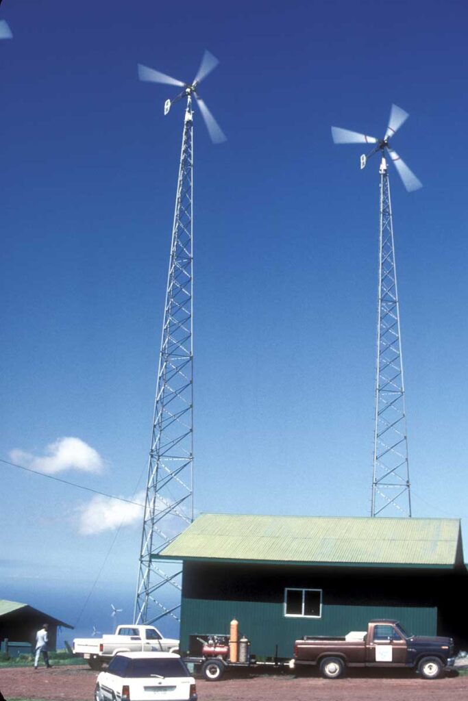 Jacobs Wind Turbines On Truss Towers On A Wind Farm In Hawaii. Circa 1989.