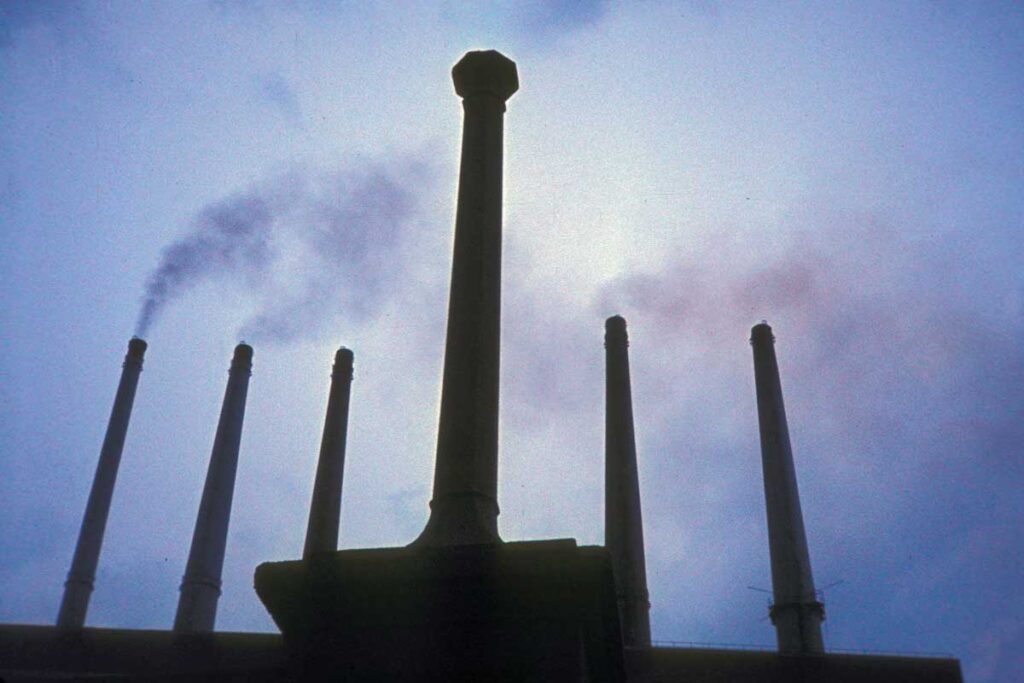 Coal-fired power plant stacks, Pennsylvania circa mid-1970s.