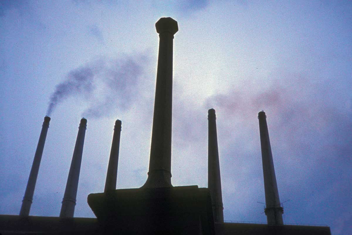 Coal fired power plant stacks, pennsylvania circa mid 1970s.